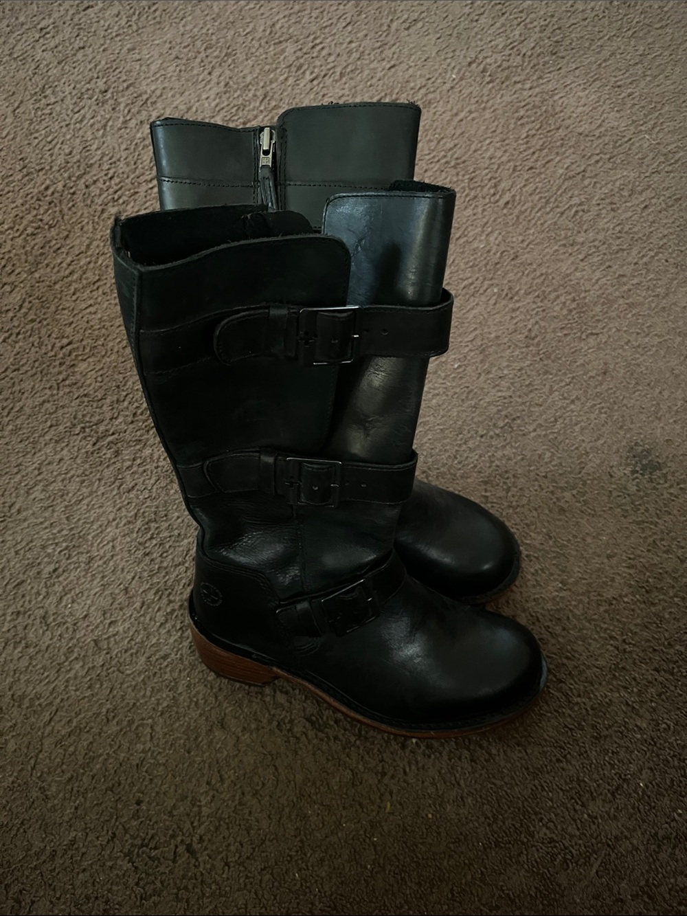 Classic Black Leather Buckle Moto Boots